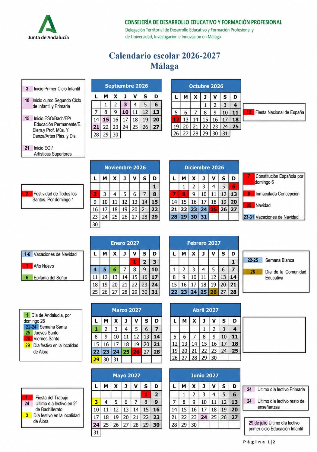 Calendario Escolar de Álora - Curso 2026/2027